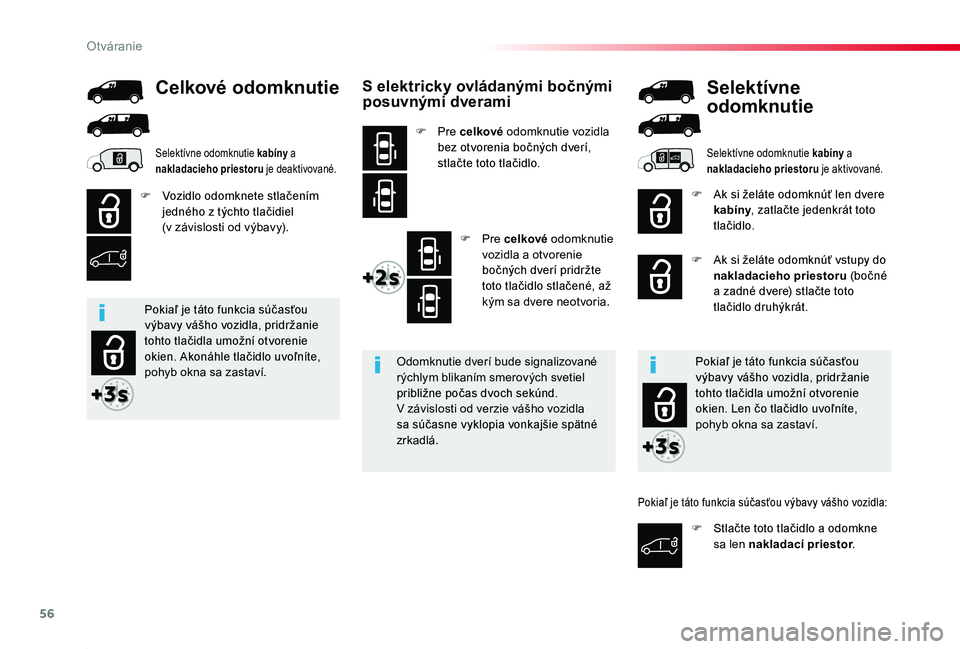 TOYOTA PROACE 2020 Návod na použitie (in Slovakian) 56
Proace_sk_Chap02_ouvertures_ed01-2019
S elektricky ovládanými bočnými posuvnými dverami
F Pre celkové odomknutie vozidla bez otvorenia bočných dverí, stlačte toto tlačidlo.
F Pre celkov TOYOTA PROACE 2020 Návod na použitie (in Slovakian) 56
Proace_sk_Chap02_ouvertures_ed01-2019
S elektricky ovládanými bočnými posuvnými dverami
F Pre celkové odomknutie vozidla bez otvorenia bočných dverí, stlačte toto tlačidlo.
F Pre celkov