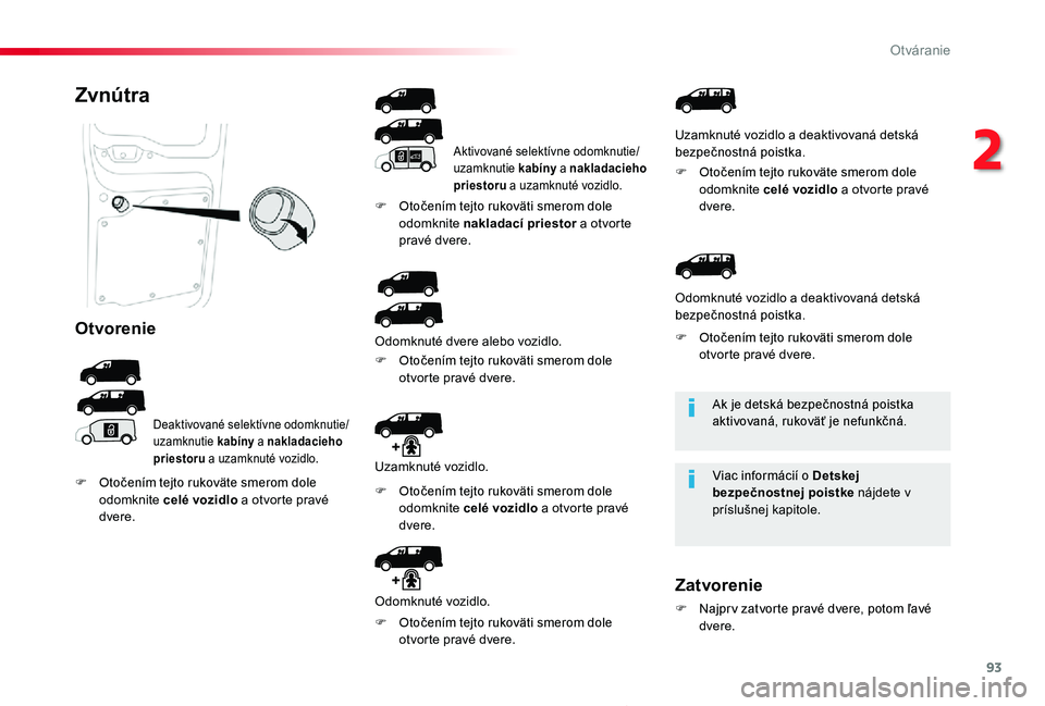TOYOTA PROACE 2020  Návod na použitie (in Slovakian) 93
Proace_sk_Chap02_ouvertures_ed01-2019
Ak je detská bezpečnostná poistka aktivovaná, rukoväť je nefunkčná.
Viac informácií o Detskej bezpečnostnej poistke nájdete v príslušnej kapitole