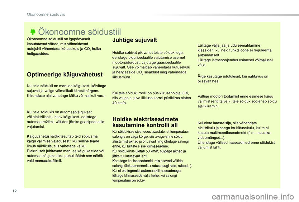 TOYOTA PROACE 2020 Kasutusjuhend (in Estonian) 12
Proace_et_Chap00c_eco-conduite_ed2019_V02
Ökonoomne sõidustiil on igapäevaselt kasutatavad võtted, mis võimaldavad autojuhil vähendada kütusekulu ja CO2 hulka heitgaasides.
Ökonoomne sõidu TOYOTA PROACE 2020 Kasutusjuhend (in Estonian) 12
Proace_et_Chap00c_eco-conduite_ed2019_V02
Ökonoomne sõidustiil on igapäevaselt kasutatavad võtted, mis võimaldavad autojuhil vähendada kütusekulu ja CO2 hulka heitgaasides.
Ökonoomne sõidu