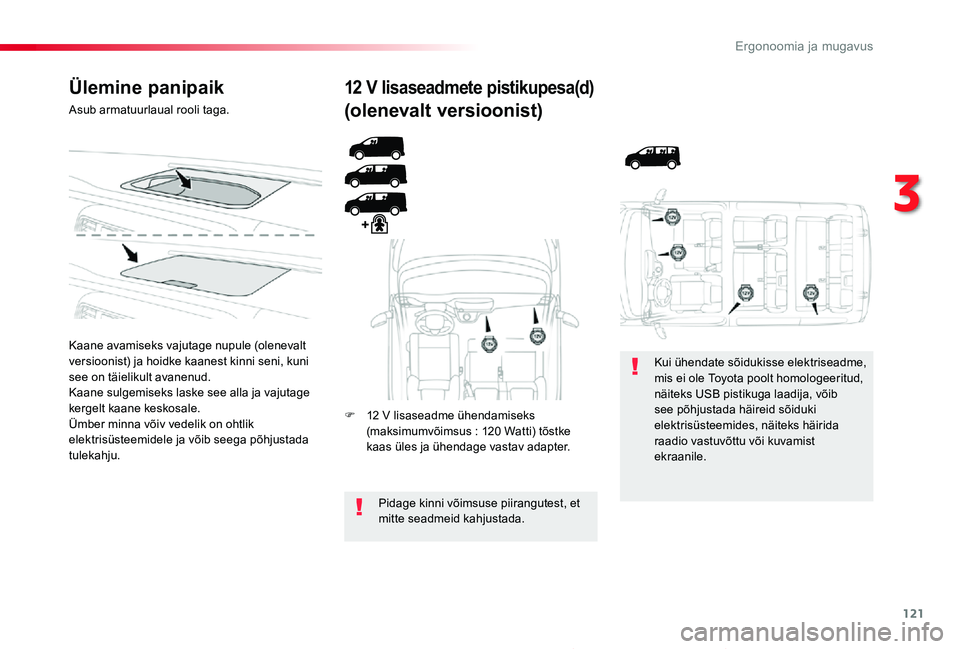 TOYOTA PROACE 2020 Kasutusjuhend (in Estonian) 121
Proace_et_Chap03_ergonomie-et-confort_ed2019_V02
Ülemine panipaik
Asub armatuurlaual rooli taga.
Kaane avamiseks vajutage nupule (olenevalt versioonist) ja hoidke kaanest kinni seni, kuni see on TOYOTA PROACE 2020 Kasutusjuhend (in Estonian) 121
Proace_et_Chap03_ergonomie-et-confort_ed2019_V02
Ülemine panipaik
Asub armatuurlaual rooli taga.
Kaane avamiseks vajutage nupule (olenevalt versioonist) ja hoidke kaanest kinni seni, kuni see on