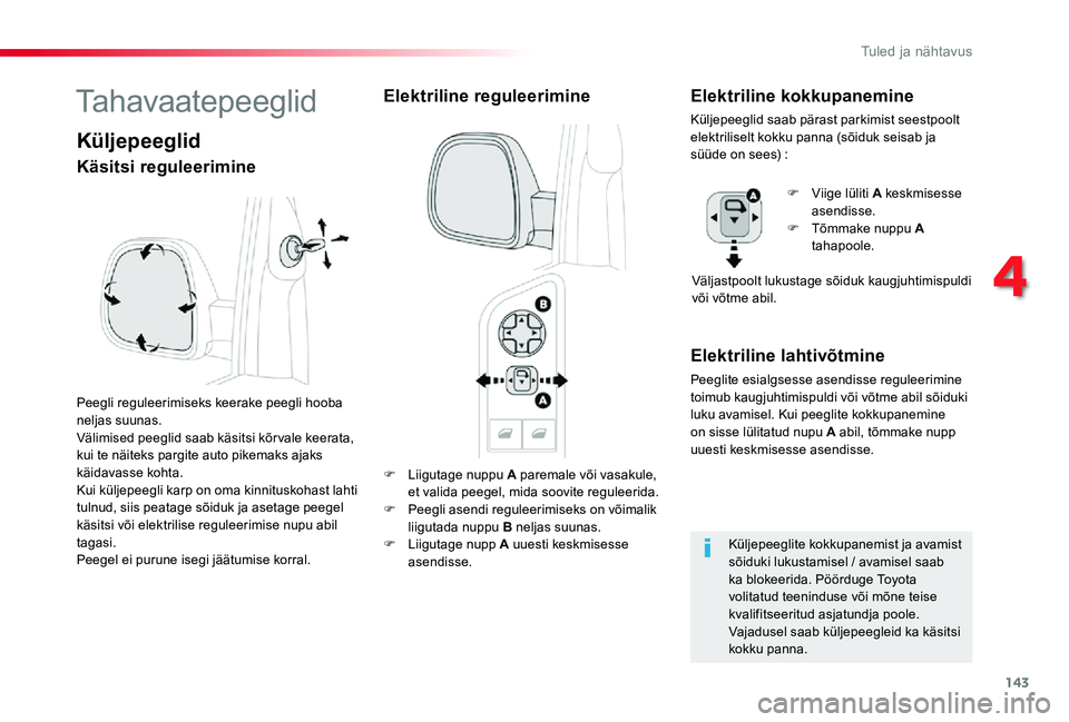 TOYOTA PROACE 2020 Kasutusjuhend (in Estonian) 143
Proace_et_Chap04_eclairage-et-visibilite_ed2019_V02
F Liigutage nuppu A paremale või vasakule, et valida peegel, mida soovite reguleerida.F Peegli asendi reguleerimiseks on võimalik liigutada nu TOYOTA PROACE 2020 Kasutusjuhend (in Estonian) 143
Proace_et_Chap04_eclairage-et-visibilite_ed2019_V02
F Liigutage nuppu A paremale või vasakule, et valida peegel, mida soovite reguleerida.F Peegli asendi reguleerimiseks on võimalik liigutada nu