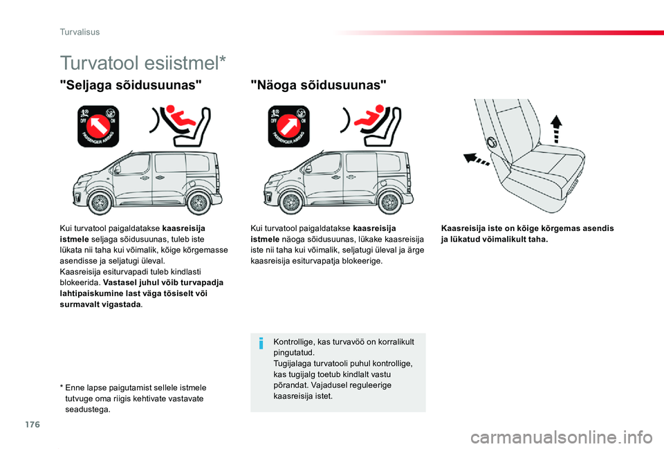 TOYOTA PROACE 2020 Kasutusjuhend (in Estonian) 176
Proace_et_Chap05_securite_ed2019_V02
Kaasreisija iste on kõige kõrgemas asendis ja lükatud võimalikult taha.
"Seljaga sõidusuunas"
Turvatool esiistmel*
"Näoga sõidusuunas"
K TOYOTA PROACE 2020 Kasutusjuhend (in Estonian) 176
Proace_et_Chap05_securite_ed2019_V02
Kaasreisija iste on kõige kõrgemas asendis ja lükatud võimalikult taha.
"Seljaga sõidusuunas"
Turvatool esiistmel*
"Näoga sõidusuunas"
K