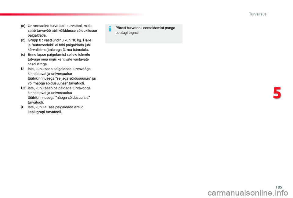 TOYOTA PROACE 2020 Kasutusjuhend (in Estonian) 185
Proace_et_Chap05_securite_ed2019_V02
(a) Universaalne tur vatool : tur vatool, mida saab tur vavöö abil kõikidesse sõidukitesse paigaldada.(b) Grupp 0 : vastsündinu kuni 10 kg. Hälle ja " TOYOTA PROACE 2020 Kasutusjuhend (in Estonian) 185
Proace_et_Chap05_securite_ed2019_V02
(a) Universaalne tur vatool : tur vatool, mida saab tur vavöö abil kõikidesse sõidukitesse paigaldada.(b) Grupp 0 : vastsündinu kuni 10 kg. Hälle ja "