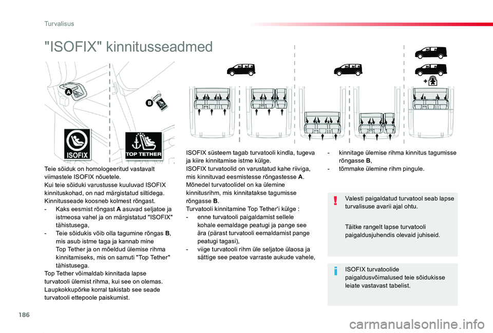 TOYOTA PROACE 2020 Kasutusjuhend (in Estonian) 186
Proace_et_Chap05_securite_ed2019_V02
"ISOFIX" kinnitusseadmed
Valesti paigaldatud turvatool seab lapse turvalisuse avarii ajal ohtu.
ISOFIX tur vatoolide paigaldusvõimalused teie sõiduki TOYOTA PROACE 2020 Kasutusjuhend (in Estonian) 186
Proace_et_Chap05_securite_ed2019_V02
"ISOFIX" kinnitusseadmed
Valesti paigaldatud turvatool seab lapse turvalisuse avarii ajal ohtu.
ISOFIX tur vatoolide paigaldusvõimalused teie sõiduki