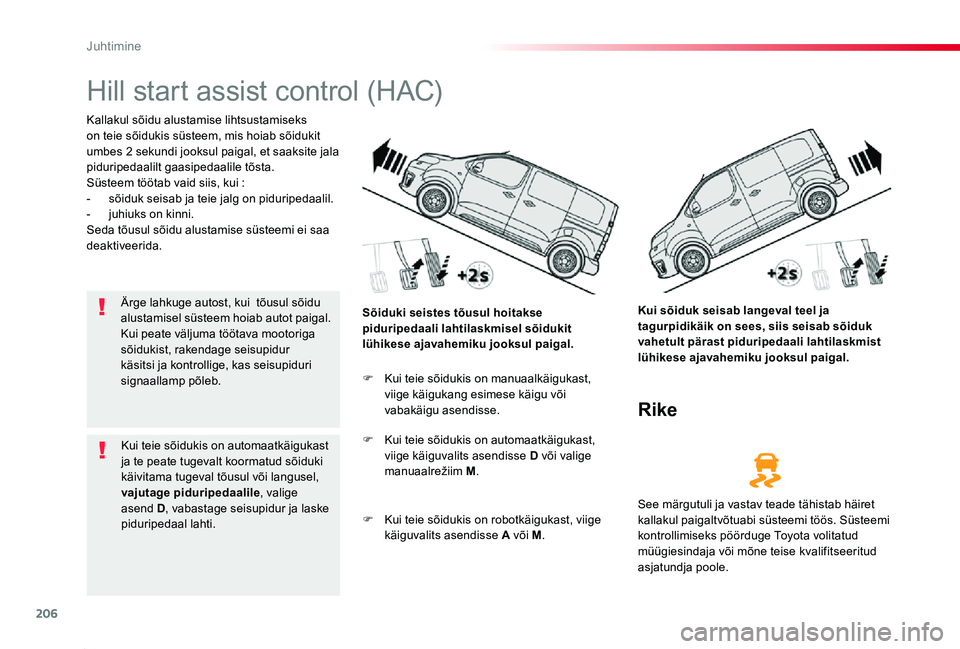 TOYOTA PROACE 2020 Kasutusjuhend (in Estonian) 206
Proace_et_Chap06_conduite_ed2019_V02
Hill start assist control (HAC)
Kallakul sõidu alustamise lihtsustamiseks on teie sõidukis süsteem, mis hoiab sõidukit umbes 2 sekundi jooksul paigal, et s TOYOTA PROACE 2020 Kasutusjuhend (in Estonian) 206
Proace_et_Chap06_conduite_ed2019_V02
Hill start assist control (HAC)
Kallakul sõidu alustamise lihtsustamiseks on teie sõidukis süsteem, mis hoiab sõidukit umbes 2 sekundi jooksul paigal, et s