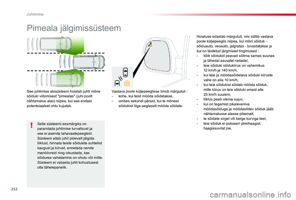TOYOTA PROACE 2020 Kasutusjuhend (in Estonian) 252
Proace_et_Chap06_conduite_ed2019_V02
Pimeala jälgimissüsteem
Vastava poole küljepeeglisse ilmub märgutuli :- kohe, kui teist mööda sõidetakse,- umbes sekundi pärast, kui te mõnest sõiduk TOYOTA PROACE 2020 Kasutusjuhend (in Estonian) 252
Proace_et_Chap06_conduite_ed2019_V02
Pimeala jälgimissüsteem
Vastava poole küljepeeglisse ilmub märgutuli :- kohe, kui teist mööda sõidetakse,- umbes sekundi pärast, kui te mõnest sõiduk