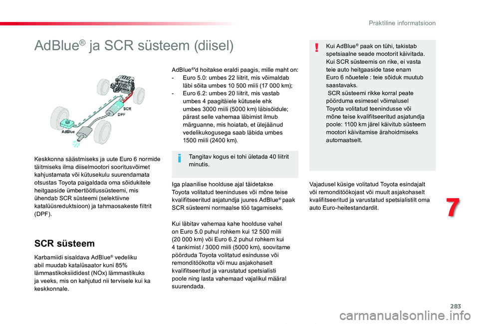 TOYOTA PROACE 2020 Kasutusjuhend (in Estonian) 283
Proace_et_Chap07_info-pratiques_ed2019_V02
AdBlue® ja SCR süsteem (diisel)
Keskkonna säästmiseks ja uute Euro 6 normide täitmiseks ilma diiselmootori sooritusvõimet kahjustamata või kütuse TOYOTA PROACE 2020 Kasutusjuhend (in Estonian) 283
Proace_et_Chap07_info-pratiques_ed2019_V02
AdBlue® ja SCR süsteem (diisel)
Keskkonna säästmiseks ja uute Euro 6 normide täitmiseks ilma diiselmootori sooritusvõimet kahjustamata või kütuse