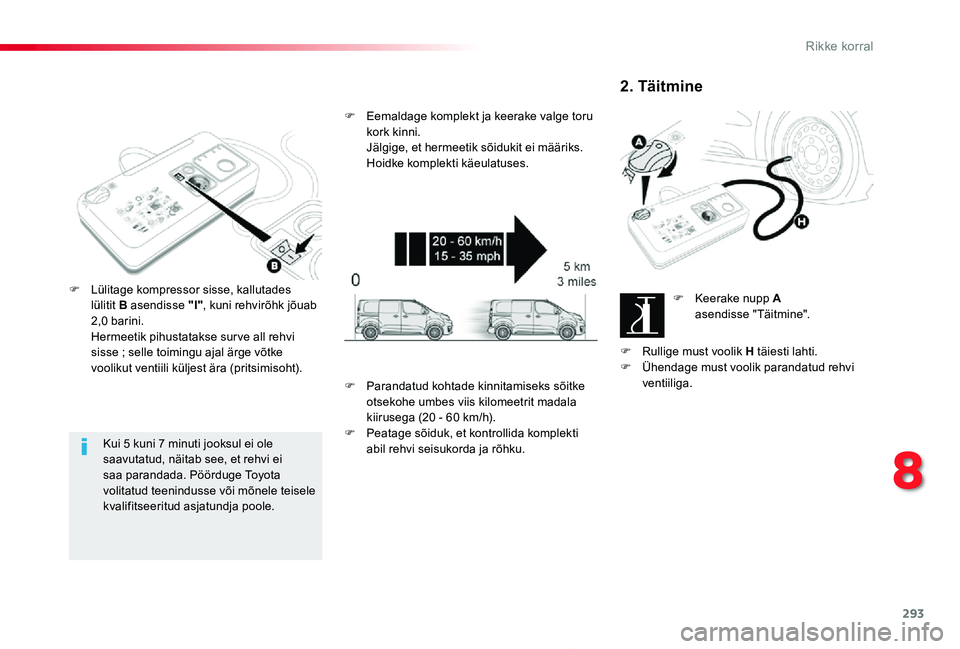 TOYOTA PROACE 2020 Kasutusjuhend (in Estonian) 293
Proace_et_Chap08_En-cas-de-panne_ed2019_V02
Kui 5 kuni 7 minuti jooksul ei ole saavutatud, näitab see, et rehvi ei saa parandada. Pöörduge Toyota volitatud teenindusse või mõnele teisele kval TOYOTA PROACE 2020 Kasutusjuhend (in Estonian) 293
Proace_et_Chap08_En-cas-de-panne_ed2019_V02
Kui 5 kuni 7 minuti jooksul ei ole saavutatud, näitab see, et rehvi ei saa parandada. Pöörduge Toyota volitatud teenindusse või mõnele teisele kval