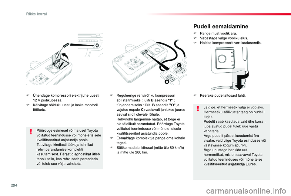 TOYOTA PROACE 2020 Kasutusjuhend (in Estonian) 294
Proace_et_Chap08_En-cas-de-panne_ed2019_V02
F Ühendage kompressori elektrijuhe uuesti 12 V pistikupessa.F Käivitage sõiduk uuesti ja laske mootoril töötada.
F Reguleerige rehvirõhku kompress TOYOTA PROACE 2020 Kasutusjuhend (in Estonian) 294
Proace_et_Chap08_En-cas-de-panne_ed2019_V02
F Ühendage kompressori elektrijuhe uuesti 12 V pistikupessa.F Käivitage sõiduk uuesti ja laske mootoril töötada.
F Reguleerige rehvirõhku kompress
