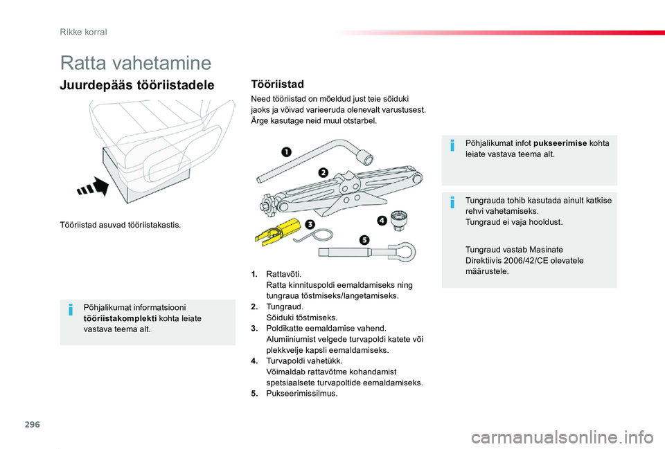 TOYOTA PROACE 2020 Kasutusjuhend (in Estonian) 296
Proace_et_Chap08_En-cas-de-panne_ed2019_V02
Ratta vahetamine
Tööriistad asuvad tööriistakastis.
Juurdepääs tööriistadele
1. Rattavõti. Ratta kinnituspoldi eemaldamiseks ning tungraua tõs TOYOTA PROACE 2020 Kasutusjuhend (in Estonian) 296
Proace_et_Chap08_En-cas-de-panne_ed2019_V02
Ratta vahetamine
Tööriistad asuvad tööriistakastis.
Juurdepääs tööriistadele
1. Rattavõti. Ratta kinnituspoldi eemaldamiseks ning tungraua tõs
