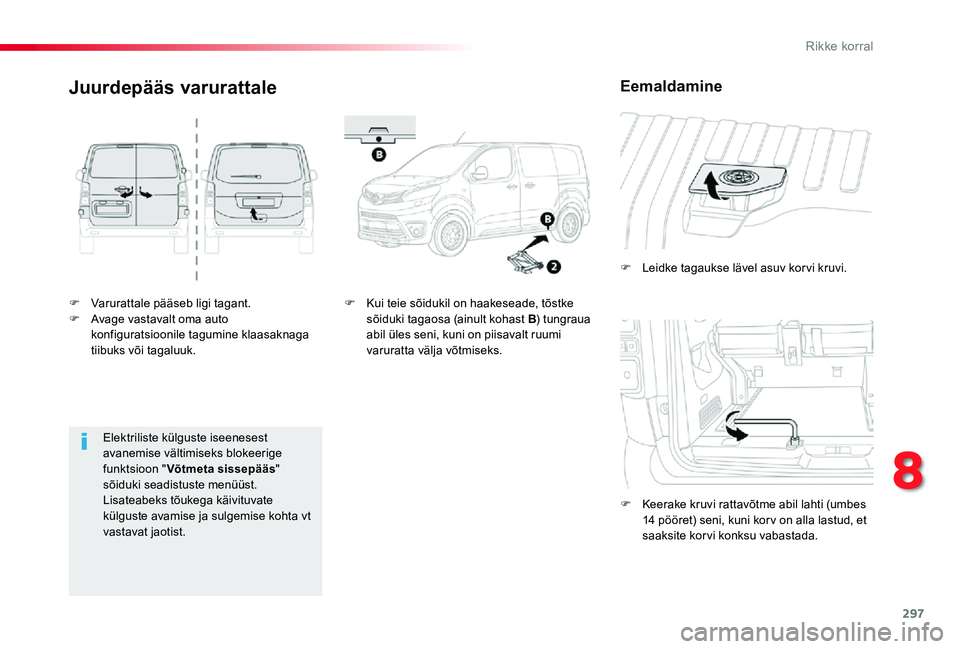 TOYOTA PROACE 2020 Kasutusjuhend (in Estonian) 297
Proace_et_Chap08_En-cas-de-panne_ed2019_V02
F Varurattale pääseb ligi tagant.F Avage vastavalt oma auto konfiguratsioonile tagumine klaasaknaga tiibuks või tagaluuk.
F Leidke tagaukse lävel as TOYOTA PROACE 2020 Kasutusjuhend (in Estonian) 297
Proace_et_Chap08_En-cas-de-panne_ed2019_V02
F Varurattale pääseb ligi tagant.F Avage vastavalt oma auto konfiguratsioonile tagumine klaasaknaga tiibuks või tagaluuk.
F Leidke tagaukse lävel as