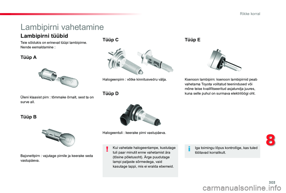 TOYOTA PROACE 2020 Kasutusjuhend (in Estonian) 303
Proace_et_Chap08_En-cas-de-panne_ed2019_V02
Lambipirni vahetamine
Halogeentuli : keerake pirni vastupäeva.
Tüüp A
Bajonettpirn : vajutage pirnile ja keerake seda vastupäeva.
Tüüp B
Tüüp C
TOYOTA PROACE 2020 Kasutusjuhend (in Estonian) 303
Proace_et_Chap08_En-cas-de-panne_ed2019_V02
Lambipirni vahetamine
Halogeentuli : keerake pirni vastupäeva.
Tüüp A
Bajonettpirn : vajutage pirnile ja keerake seda vastupäeva.
Tüüp B
Tüüp C