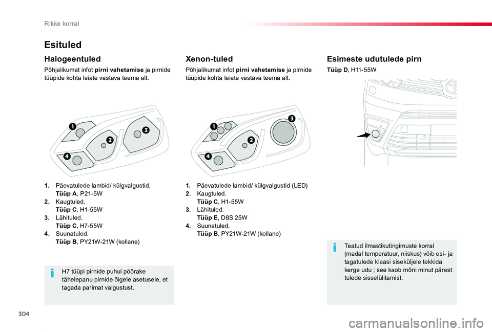 TOYOTA PROACE 2020 Kasutusjuhend (in Estonian) 304
Proace_et_Chap08_En-cas-de-panne_ed2019_V02
Esituled
Xenon-tuled
Põhjalikumat infot pirni vahetamise ja pirnide tüüpide kohta leiate vastava teema alt.
Halogeentuled
Põhjalikumat infot pirni v TOYOTA PROACE 2020 Kasutusjuhend (in Estonian) 304
Proace_et_Chap08_En-cas-de-panne_ed2019_V02
Esituled
Xenon-tuled
Põhjalikumat infot pirni vahetamise ja pirnide tüüpide kohta leiate vastava teema alt.
Halogeentuled
Põhjalikumat infot pirni v