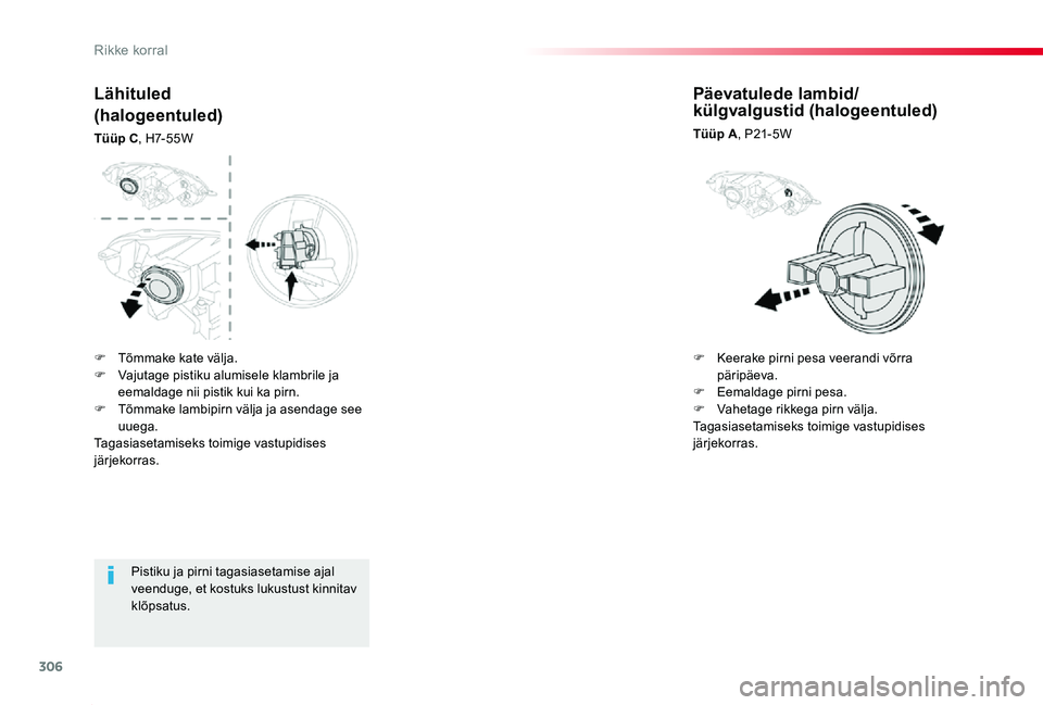 TOYOTA PROACE 2020 Kasutusjuhend (in Estonian) 306
Proace_et_Chap08_En-cas-de-panne_ed2019_V02
Pistiku ja pirni tagasiasetamise ajal veenduge, et kostuks lukustust kinnitav klõpsatus.
Lähituled
(halogeentuled)
Tüüp C, H7- 5 5 W
Päevatulede la TOYOTA PROACE 2020 Kasutusjuhend (in Estonian) 306
Proace_et_Chap08_En-cas-de-panne_ed2019_V02
Pistiku ja pirni tagasiasetamise ajal veenduge, et kostuks lukustust kinnitav klõpsatus.
Lähituled
(halogeentuled)
Tüüp C, H7- 5 5 W
Päevatulede la