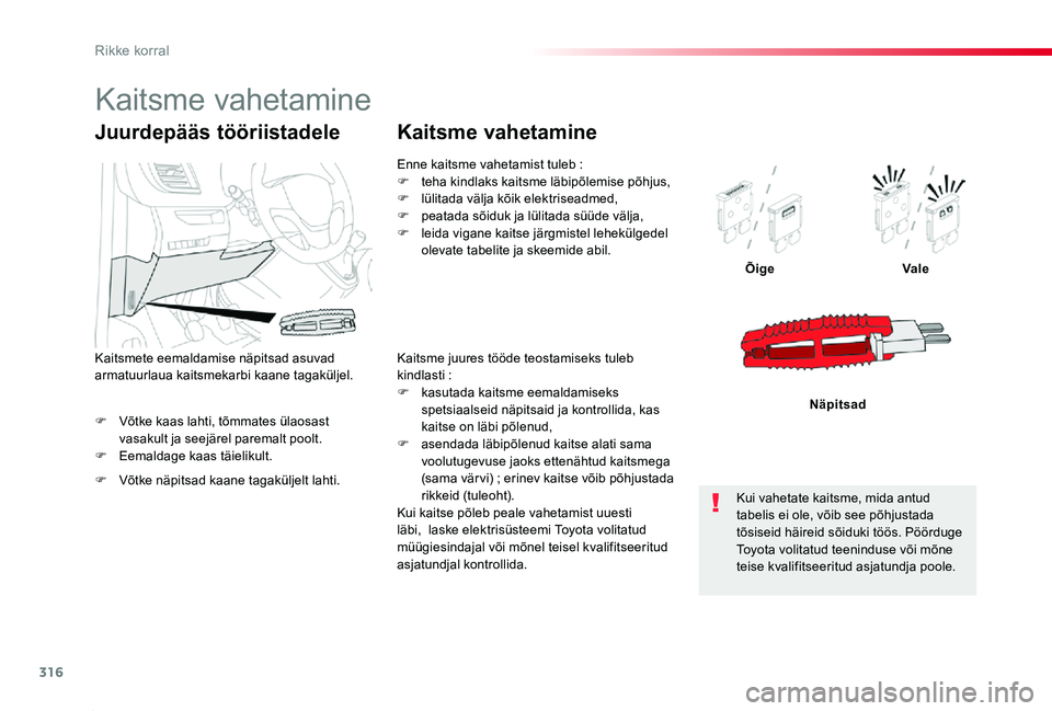 TOYOTA PROACE 2020 Kasutusjuhend (in Estonian) 316
Proace_et_Chap08_En-cas-de-panne_ed2019_V02
F Võtke kaas lahti, tõmmates ülaosast vasakult ja seejärel paremalt poolt.F Eemaldage kaas täielikult.
ÕigeVale
Näpitsad
Juurdepääs tööriista TOYOTA PROACE 2020 Kasutusjuhend (in Estonian) 316
Proace_et_Chap08_En-cas-de-panne_ed2019_V02
F Võtke kaas lahti, tõmmates ülaosast vasakult ja seejärel paremalt poolt.F Eemaldage kaas täielikult.
ÕigeVale
Näpitsad
Juurdepääs tööriista