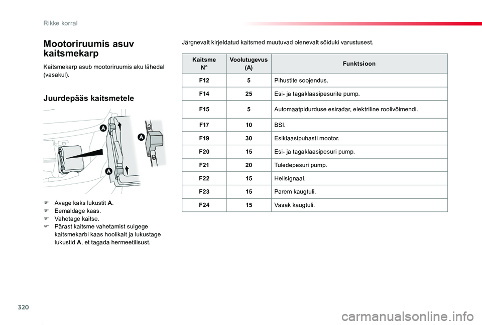 TOYOTA PROACE 2020 Kasutusjuhend (in Estonian) 320
Proace_et_Chap08_En-cas-de-panne_ed2019_V02
Mootoriruumis asuv
kaitsmekarp
F Avage kaks lukustit A.F Eemaldage kaas.F Vahetage kaitse.F Pärast kaitsme vahetamist sulgege kaitsmekarbi kaas hoolik TOYOTA PROACE 2020 Kasutusjuhend (in Estonian) 320
Proace_et_Chap08_En-cas-de-panne_ed2019_V02
Mootoriruumis asuv
kaitsmekarp
F Avage kaks lukustit A.F Eemaldage kaas.F Vahetage kaitse.F Pärast kaitsme vahetamist sulgege kaitsmekarbi kaas hoolik