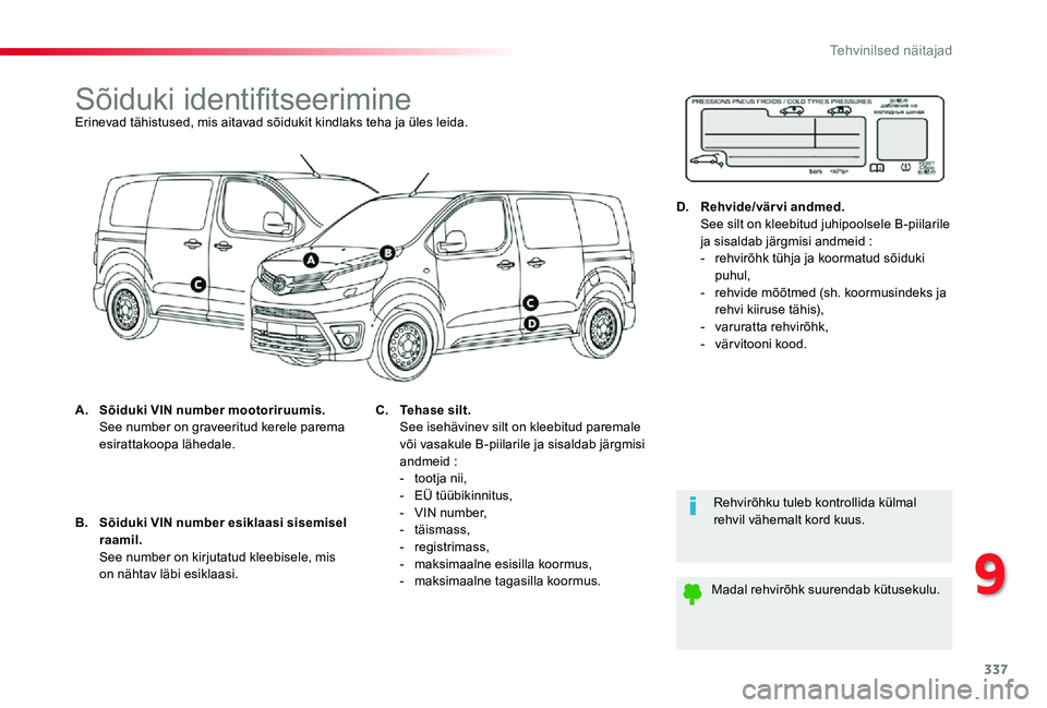 TOYOTA PROACE 2020 Kasutusjuhend (in Estonian) 337
Proace_et_Chap09_caracteristiques-techniques_ed2019_V02
Sõiduki identifitseerimineErinevad tähistused, mis aitavad sõidukit kindlaks teha ja üles leida.
A. Sõiduki VIN number mootoriruumis. TOYOTA PROACE 2020 Kasutusjuhend (in Estonian) 337
Proace_et_Chap09_caracteristiques-techniques_ed2019_V02
Sõiduki identifitseerimineErinevad tähistused, mis aitavad sõidukit kindlaks teha ja üles leida.
A. Sõiduki VIN number mootoriruumis.
