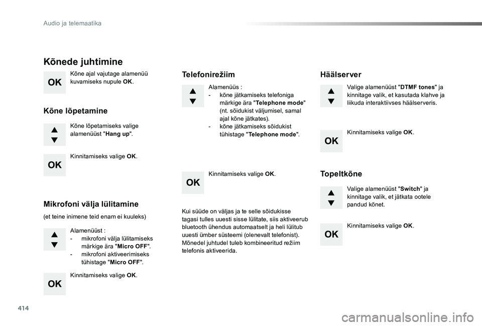 TOYOTA PROACE 2020 Kasutusjuhend (in Estonian) 414
Proace_et_Chap10d_RD6_ed2019_V02
Kõne ajal vajutage alamenüü kuvamiseks nupule OK.
Kõne lõpetamiseks valige alamenüüst "Hang up".
Kõnede juhtimine
Kõne lõpetamine
(et teine inime TOYOTA PROACE 2020 Kasutusjuhend (in Estonian) 414
Proace_et_Chap10d_RD6_ed2019_V02
Kõne ajal vajutage alamenüü kuvamiseks nupule OK.
Kõne lõpetamiseks valige alamenüüst "Hang up".
Kõnede juhtimine
Kõne lõpetamine
(et teine inime