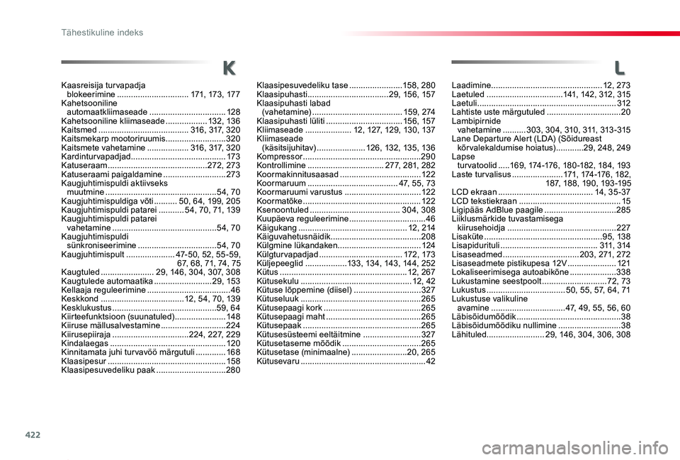 TOYOTA PROACE 2020 Kasutusjuhend (in Estonian) 422
Tähestikuline indeks
Proace_et_Chap11_index-alpha_ed2019_V02
L
Laadimine ................................................12, 273Laetuled .................................141, 142, 312, 315Laetuli TOYOTA PROACE 2020 Kasutusjuhend (in Estonian) 422
Tähestikuline indeks
Proace_et_Chap11_index-alpha_ed2019_V02
L
Laadimine ................................................12, 273Laetuled .................................141, 142, 312, 315Laetuli