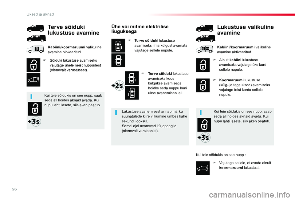 TOYOTA PROACE 2020 Kasutusjuhend (in Estonian) 56
Proace_et_Chap02_ouvertures_ed2019_V02
Ühe või mitme elektrilise liuguksega
F Terve sõiduki lukustuse avamiseks ilma külgust avamata vajutage sellele nupule.
F Terve sõiduki lukustuse avamisek TOYOTA PROACE 2020 Kasutusjuhend (in Estonian) 56
Proace_et_Chap02_ouvertures_ed2019_V02
Ühe või mitme elektrilise liuguksega
F Terve sõiduki lukustuse avamiseks ilma külgust avamata vajutage sellele nupule.
F Terve sõiduki lukustuse avamisek