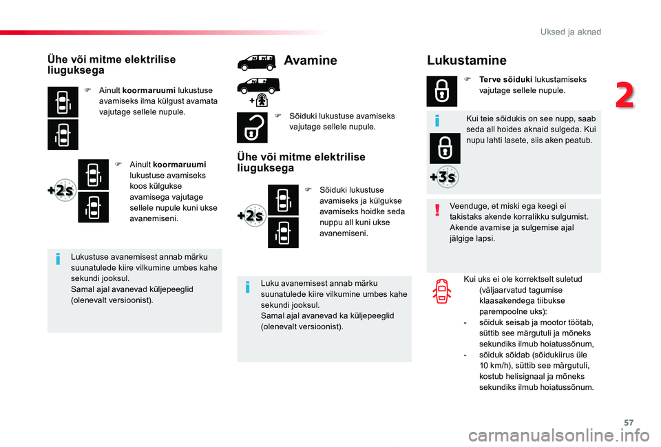 TOYOTA PROACE 2020 Kasutusjuhend (in Estonian) 57
Proace_et_Chap02_ouvertures_ed2019_V02
Lukustamine
Veenduge, et miski ega keegi ei takistaks akende korralikku sulgumist.Akende avamise ja sulgemise ajal jälgige lapsi.
Kui uks ei ole korrektselt TOYOTA PROACE 2020 Kasutusjuhend (in Estonian) 57
Proace_et_Chap02_ouvertures_ed2019_V02
Lukustamine
Veenduge, et miski ega keegi ei takistaks akende korralikku sulgumist.Akende avamise ja sulgemise ajal jälgige lapsi.
Kui uks ei ole korrektselt