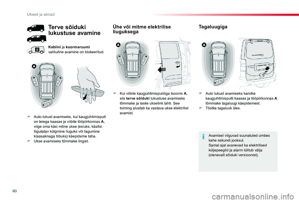 TOYOTA PROACE 2020 Kasutusjuhend (in Estonian) 60
Proace_et_Chap02_ouvertures_ed2019_V02
Kabiini ja koormaruumi valikuline avamine on blokeeritud.
Avamisel vilguvad suunatuled umbes kahe sekundi jooksul.Samal ajal avanevad ka elektrilised küljepe TOYOTA PROACE 2020 Kasutusjuhend (in Estonian) 60
Proace_et_Chap02_ouvertures_ed2019_V02
Kabiini ja koormaruumi valikuline avamine on blokeeritud.
Avamisel vilguvad suunatuled umbes kahe sekundi jooksul.Samal ajal avanevad ka elektrilised küljepe