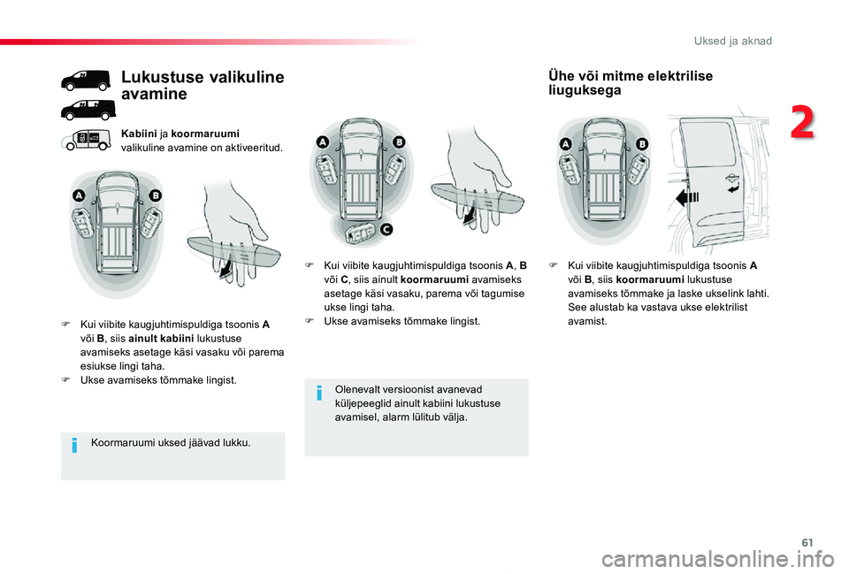 TOYOTA PROACE 2020 Kasutusjuhend (in Estonian) 61
Proace_et_Chap02_ouvertures_ed2019_V02
Olenevalt versioonist avanevad
küljepeeglid ainult kabiini lukustuse avamisel, alarm lülitub välja.
Kabiini ja koormaruumi valikuline avamine on aktiveeri TOYOTA PROACE 2020 Kasutusjuhend (in Estonian) 61
Proace_et_Chap02_ouvertures_ed2019_V02
Olenevalt versioonist avanevad
küljepeeglid ainult kabiini lukustuse avamisel, alarm lülitub välja.
Kabiini ja koormaruumi valikuline avamine on aktiveeri