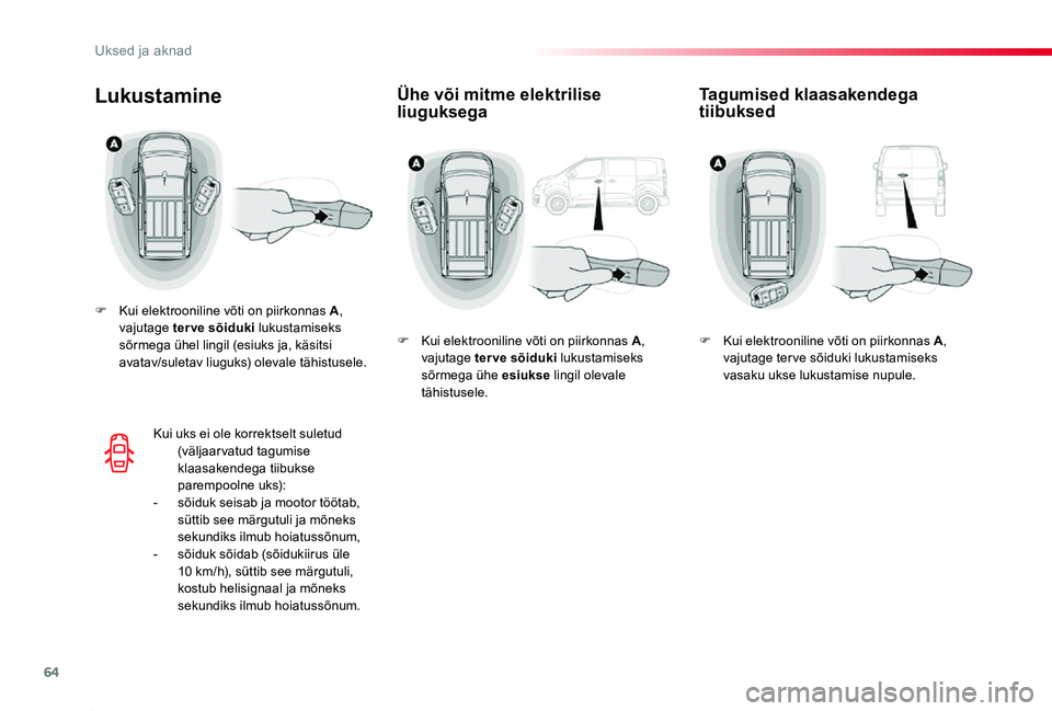 TOYOTA PROACE 2020 Kasutusjuhend (in Estonian) 64
Proace_et_Chap02_ouvertures_ed2019_V02
Ühe või mitme elektrilise liuguksegaLukustamine
F Kui elektrooniline võti on piirkonnas A, vajutage terve sõiduki lukustamiseks sõrmega ühel lingil (esi TOYOTA PROACE 2020 Kasutusjuhend (in Estonian) 64
Proace_et_Chap02_ouvertures_ed2019_V02
Ühe või mitme elektrilise liuguksegaLukustamine
F Kui elektrooniline võti on piirkonnas A, vajutage terve sõiduki lukustamiseks sõrmega ühel lingil (esi