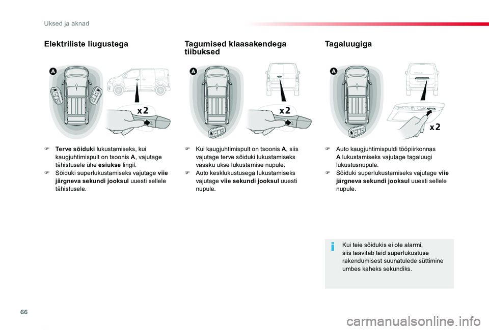 TOYOTA PROACE 2020 Kasutusjuhend (in Estonian) 66
Proace_et_Chap02_ouvertures_ed2019_V02
F Terve sõiduki lukustamiseks, kui kaugjuhtimispult on tsoonis A, vajutage tähistusele ühe esiukse lingil.F Sõiduki superlukustamiseks vajutage viie järg TOYOTA PROACE 2020 Kasutusjuhend (in Estonian) 66
Proace_et_Chap02_ouvertures_ed2019_V02
F Terve sõiduki lukustamiseks, kui kaugjuhtimispult on tsoonis A, vajutage tähistusele ühe esiukse lingil.F Sõiduki superlukustamiseks vajutage viie järg