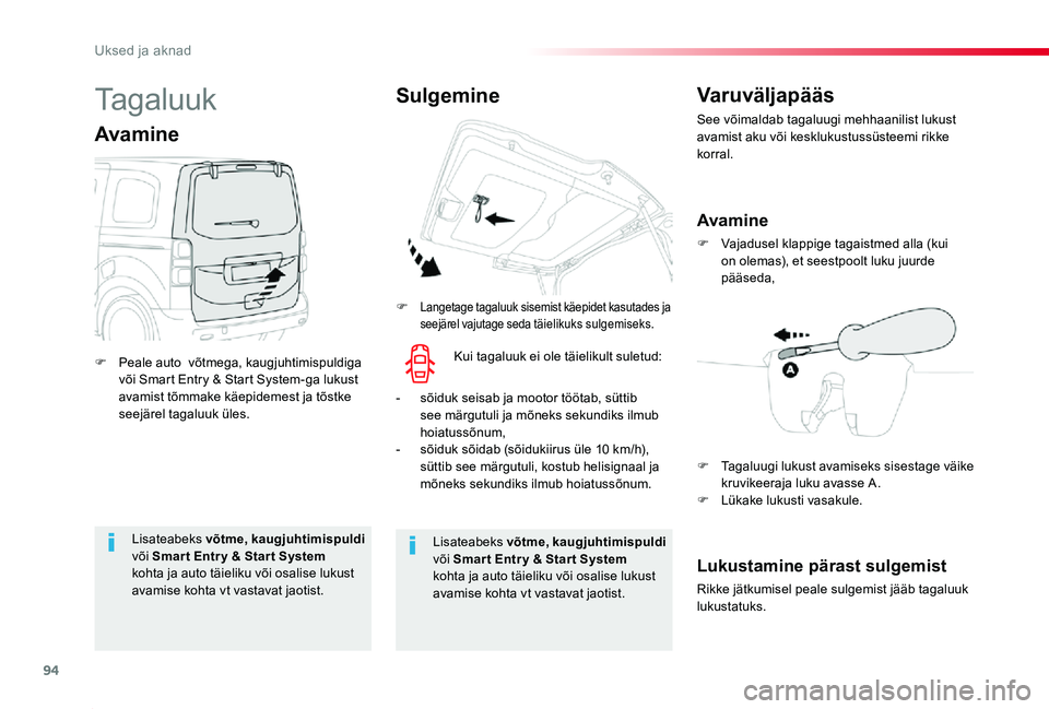 TOYOTA PROACE 2020 Kasutusjuhend (in Estonian) 94
Proace_et_Chap02_ouvertures_ed2019_V02
Lisateabeks võtme, kaugjuhtimispuldi või Smar t Entr y & Star t System kohta ja auto täieliku või osalise lukust avamise kohta vt vastavat jaotist.
Lisate TOYOTA PROACE 2020 Kasutusjuhend (in Estonian) 94
Proace_et_Chap02_ouvertures_ed2019_V02
Lisateabeks võtme, kaugjuhtimispuldi või Smar t Entr y & Star t System kohta ja auto täieliku või osalise lukust avamise kohta vt vastavat jaotist.
Lisate