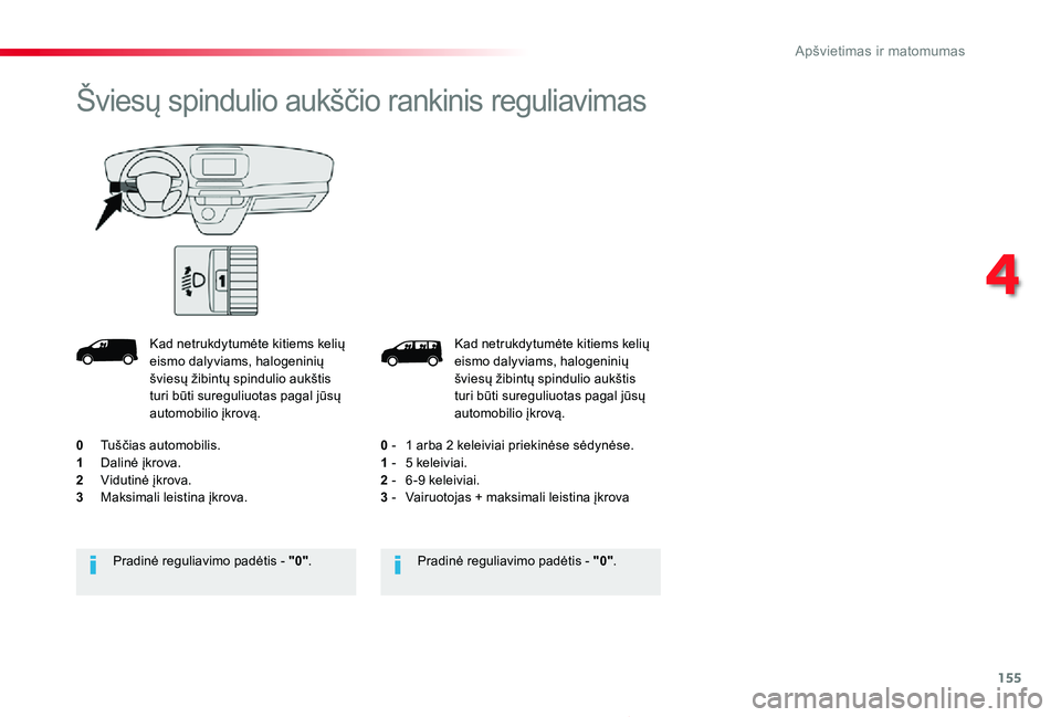 TOYOTA PROACE 2020  Eksploatavimo vadovas (in Lithuanian) 155
Proace_lt_Chap04_eclairage-et-visibilite_ed01-2019
Kad netrukdytumėte kitiems kelių eismo dalyviams, halogeninių šviesų žibintų spindulio aukštis turi būti sureguliuotas pagal jūsų auto