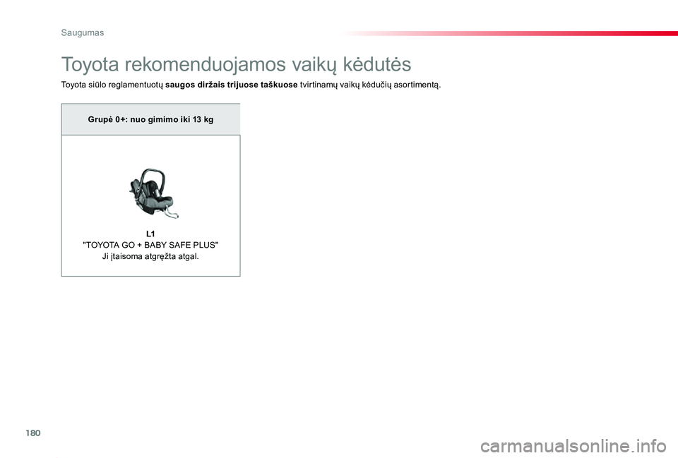 TOYOTA PROACE 2020  Eksploatavimo vadovas (in Lithuanian) 180
Proace_lt_Chap05_securite_ed01-2019
Toyota rekomenduojamos vaikų kėdutės
Toyota siūlo reglamentuotų saugos diržais trijuose taškuose tvirtinamų vaikų kėdučių asortimentą.
Grupė 0+: n