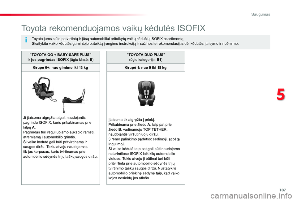 TOYOTA PROACE 2020 Eksploatavimo vadovas (in Lithuanian) 187
Proace_lt_Chap05_securite_ed01-2019
Toyota rekomenduojamos vaikų kėdutės ISOFIX
Toyota jums siūlo patvirtintų ir jūsų automobiliui pritaikytų vaikų kėdučių ISOFIX asortimentą.Skaityki TOYOTA PROACE 2020 Eksploatavimo vadovas (in Lithuanian) 187
Proace_lt_Chap05_securite_ed01-2019
Toyota rekomenduojamos vaikų kėdutės ISOFIX
Toyota jums siūlo patvirtintų ir jūsų automobiliui pritaikytų vaikų kėdučių ISOFIX asortimentą.Skaityki