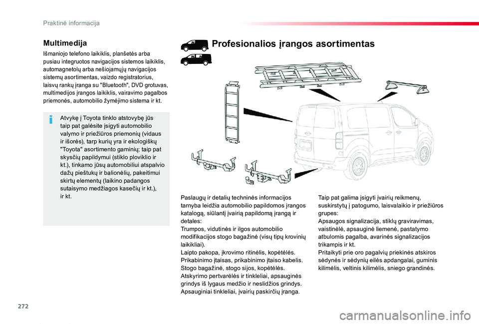 TOYOTA PROACE 2020 Eksploatavimo vadovas (in Lithuanian) 272
Proace_lt_Chap07_info-pratiques_ed01-2019
Atvykę į Toyota tinklo atstovybę jūs taip pat galėsite įsigyti automobilio valymo ir priežiūros priemonių (vidaus ir išorės), tarp kurių yra i TOYOTA PROACE 2020 Eksploatavimo vadovas (in Lithuanian) 272
Proace_lt_Chap07_info-pratiques_ed01-2019
Atvykę į Toyota tinklo atstovybę jūs taip pat galėsite įsigyti automobilio valymo ir priežiūros priemonių (vidaus ir išorės), tarp kurių yra i