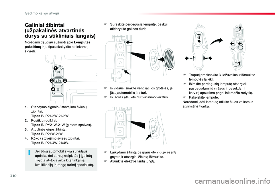 TOYOTA PROACE 2020 Eksploatavimo vadovas (in Lithuanian) 310
Proace_lt_Chap08_En-cas-de-panne_ed01-2019
Galiniai žibintai
(užpakalinės atvartinės
durys su stikliniais langais)
Norėdami daugiau sužinoti apie Lemputės pakeitimą ir jų tipus skaityki TOYOTA PROACE 2020 Eksploatavimo vadovas (in Lithuanian) 310
Proace_lt_Chap08_En-cas-de-panne_ed01-2019
Galiniai žibintai
(užpakalinės atvartinės
durys su stikliniais langais)
Norėdami daugiau sužinoti apie Lemputės pakeitimą ir jų tipus skaityki