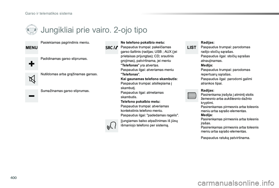 TOYOTA PROACE 2020 Eksploatavimo vadovas (in Lithuanian) 400
Proace_lt_Chap10d_RD6_ed01-2019
Jungikliai prie vairo. 2-ojo tipo
Sumažinamas garso stiprumas.
Nutildomas arba grąžinamas garsas.
Ne telefono pokalbio metu:Paspaudus trumpai: pakeičiamas garso TOYOTA PROACE 2020 Eksploatavimo vadovas (in Lithuanian) 400
Proace_lt_Chap10d_RD6_ed01-2019
Jungikliai prie vairo. 2-ojo tipo
Sumažinamas garso stiprumas.
Nutildomas arba grąžinamas garsas.
Ne telefono pokalbio metu:Paspaudus trumpai: pakeičiamas garso