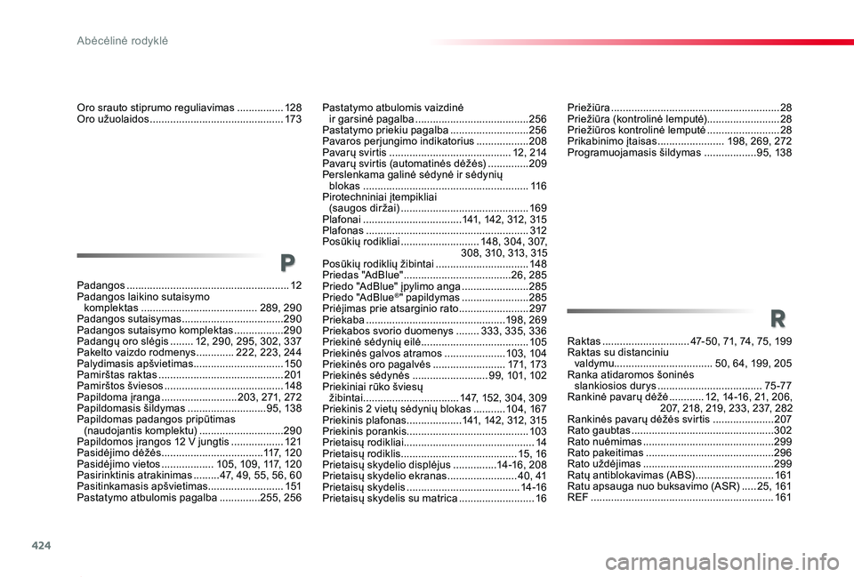 TOYOTA PROACE 2020 Eksploatavimo vadovas (in Lithuanian) 424
Proace_lt_Chap11_index-alpha_ed01-2019
o
Padangos ........................................................12Padangos laikino sutaisymo komplektas ........................................289, 290P TOYOTA PROACE 2020 Eksploatavimo vadovas (in Lithuanian) 424
Proace_lt_Chap11_index-alpha_ed01-2019
o
Padangos ........................................................12Padangos laikino sutaisymo komplektas ........................................289, 290P