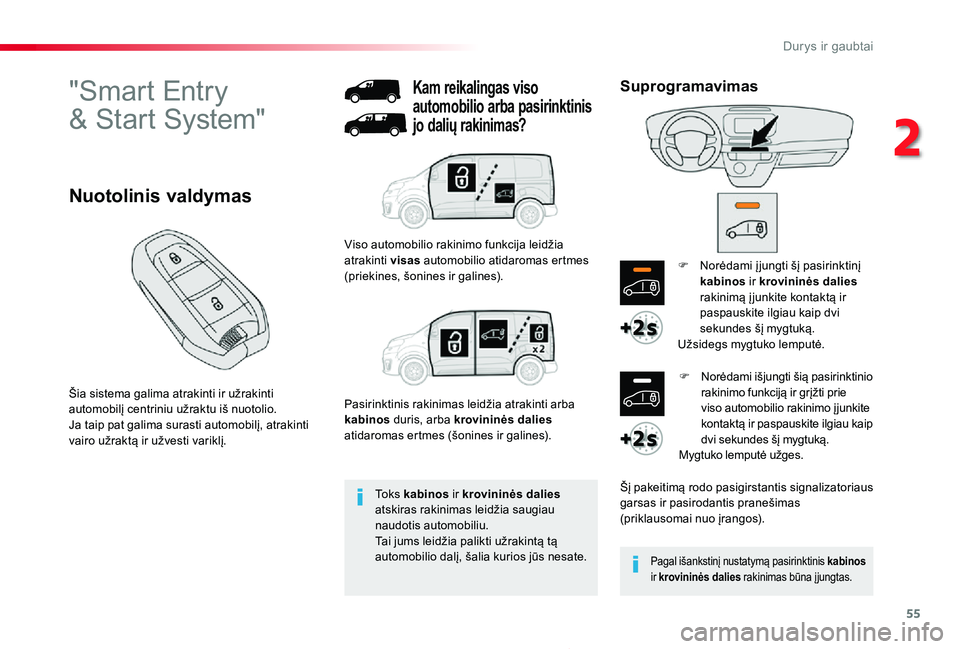 TOYOTA PROACE 2020 Eksploatavimo vadovas (in Lithuanian) 55
Proace_lt_Chap02_ouvertures_ed01-2019
"Smart Entry
& Start System"
Šia sistema galima atrakinti ir užrakinti automobilį centriniu užraktu iš nuotolio.Ja taip pat galima surasti autom TOYOTA PROACE 2020 Eksploatavimo vadovas (in Lithuanian) 55
Proace_lt_Chap02_ouvertures_ed01-2019
"Smart Entry
& Start System"
Šia sistema galima atrakinti ir užrakinti automobilį centriniu užraktu iš nuotolio.Ja taip pat galima surasti autom