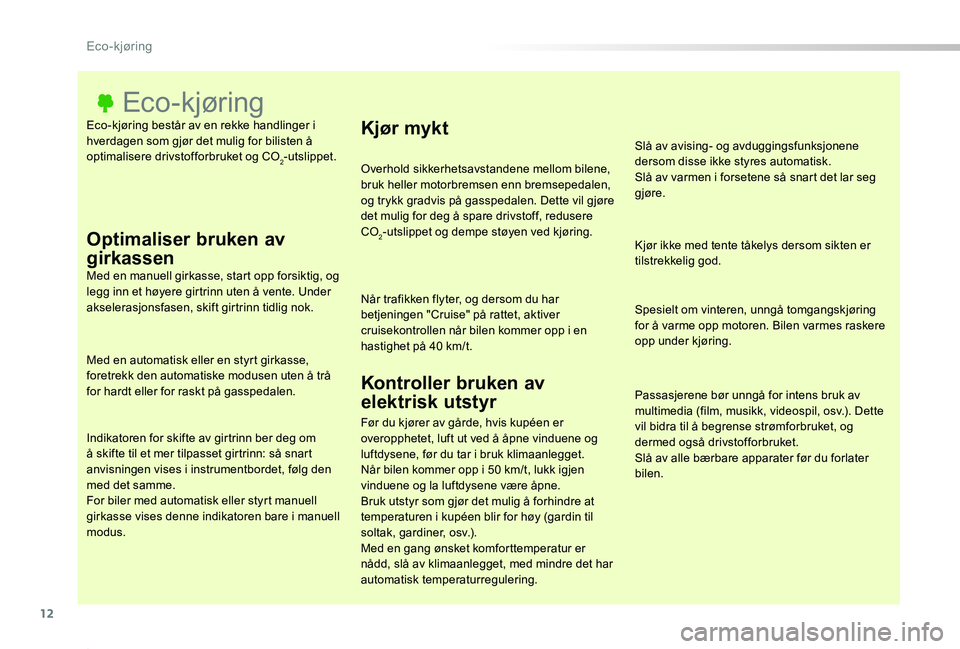 TOYOTA PROACE 2020 Instruksjoner for bruk (in Norwegian) 12
Proace_no_Chap00c_eco-conduite_ed01-2019
Eco-kjøring består av en rekke handlinger i hverdagen som gjør det mulig for bilisten å optimalisere drivstofforbruket og CO2-utslippet.
Eco-kjøring
Op TOYOTA PROACE 2020 Instruksjoner for bruk (in Norwegian) 12
Proace_no_Chap00c_eco-conduite_ed01-2019
Eco-kjøring består av en rekke handlinger i hverdagen som gjør det mulig for bilisten å optimalisere drivstofforbruket og CO2-utslippet.
Eco-kjøring
Op
