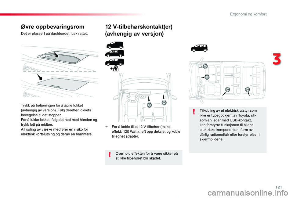 TOYOTA PROACE 2020 Instruksjoner for bruk (in Norwegian) 121
Proace_no_Chap03_ergonomie-et-confort_ed01-2019
Øvre oppbevaringsrom
Det er plassert på dashbordet, bak rattet.
Trykk på betjeningen for å åpne lokket (avhengig av versjon). Følg deretter lo TOYOTA PROACE 2020 Instruksjoner for bruk (in Norwegian) 121
Proace_no_Chap03_ergonomie-et-confort_ed01-2019
Øvre oppbevaringsrom
Det er plassert på dashbordet, bak rattet.
Trykk på betjeningen for å åpne lokket (avhengig av versjon). Følg deretter lo