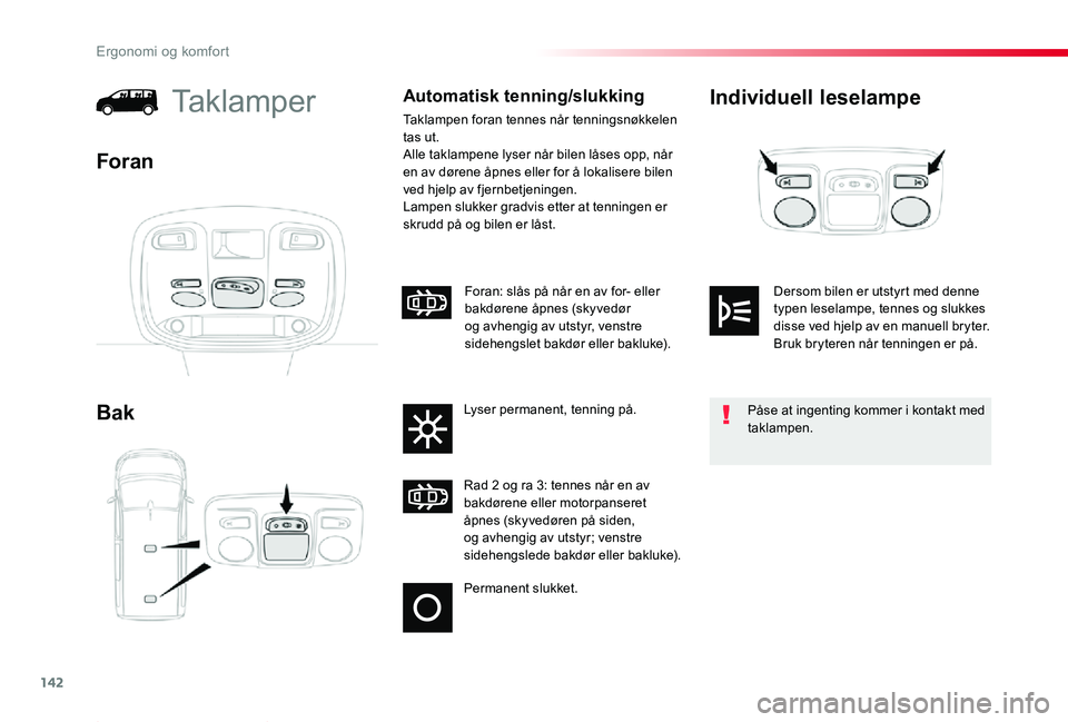 TOYOTA PROACE 2020 Instruksjoner for bruk (in Norwegian) 142
Proace_no_Chap03_ergonomie-et-confort_ed01-2019
Individuell leselampe
Bak
TaklamperAutomatisk tenning/slukking
Taklampen foran tennes når tenningsnøkkelen tas ut.Alle taklampene lyser når bilen TOYOTA PROACE 2020 Instruksjoner for bruk (in Norwegian) 142
Proace_no_Chap03_ergonomie-et-confort_ed01-2019
Individuell leselampe
Bak
TaklamperAutomatisk tenning/slukking
Taklampen foran tennes når tenningsnøkkelen tas ut.Alle taklampene lyser når bilen