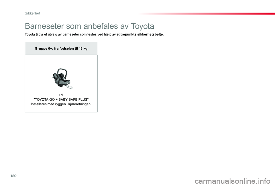 TOYOTA PROACE 2020 Instruksjoner for bruk (in Norwegian) 180
Proace_no_Chap05_securite_ed01-2019
Barneseter som anbefales av Toyota
Toyota tilbyr et utvalg av barneseter som festes ved hjelp av et trepunkts sikkerhetsbelte.
Gruppe 0+: fra fødselen til 13 k TOYOTA PROACE 2020 Instruksjoner for bruk (in Norwegian) 180
Proace_no_Chap05_securite_ed01-2019
Barneseter som anbefales av Toyota
Toyota tilbyr et utvalg av barneseter som festes ved hjelp av et trepunkts sikkerhetsbelte.
Gruppe 0+: fra fødselen til 13 k
