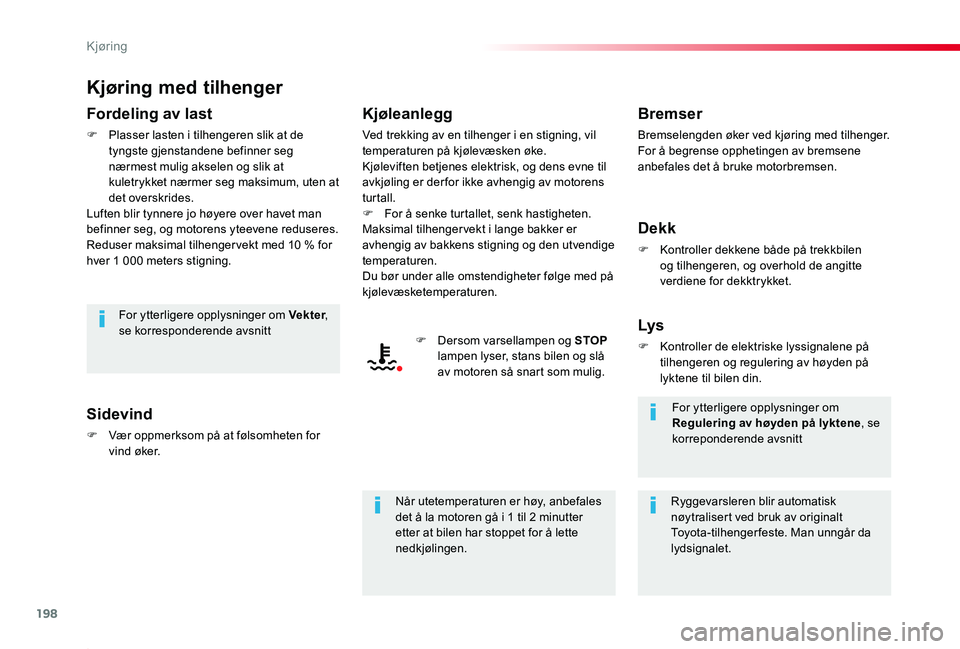 TOYOTA PROACE 2020 Instruksjoner for bruk (in Norwegian) 198
Proace_no_Chap06_conduite_ed01-2019
Kjøring med tilhenger
Fordeling av last
F Plasser lasten i tilhengeren slik at de tyngste gjenstandene befinner seg nærmest mulig akselen og slik at kuletrykk TOYOTA PROACE 2020 Instruksjoner for bruk (in Norwegian) 198
Proace_no_Chap06_conduite_ed01-2019
Kjøring med tilhenger
Fordeling av last
F Plasser lasten i tilhengeren slik at de tyngste gjenstandene befinner seg nærmest mulig akselen og slik at kuletrykk