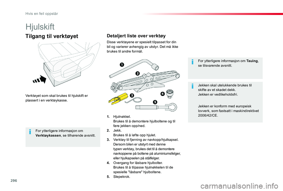 TOYOTA PROACE 2020 Instruksjoner for bruk (in Norwegian) 296
Proace_no_Chap08_En-cas-de-panne_ed01-2019
Hjulskift
Verktøyet som skal brukes til hjulskift er plassert i en verktøykasse.
Tilgang til verktøyet
1. Hjulnøkkel. Brukes til å demontere hjulbol TOYOTA PROACE 2020 Instruksjoner for bruk (in Norwegian) 296
Proace_no_Chap08_En-cas-de-panne_ed01-2019
Hjulskift
Verktøyet som skal brukes til hjulskift er plassert i en verktøykasse.
Tilgang til verktøyet
1. Hjulnøkkel. Brukes til å demontere hjulbol