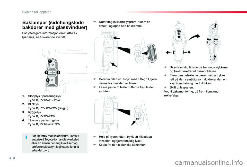 TOYOTA PROACE 2020 Instruksjoner for bruk (in Norwegian) 310
Proace_no_Chap08_En-cas-de-panne_ed01-2019
Baklamper (sidehengslede
bakdører med glassvinduer)
For ytterligere informasjon om Skifte av lyspære, se tilsvarende avsnitt.
F Hold på lysenheten, t TOYOTA PROACE 2020 Instruksjoner for bruk (in Norwegian) 310
Proace_no_Chap08_En-cas-de-panne_ed01-2019
Baklamper (sidehengslede
bakdører med glassvinduer)
For ytterligere informasjon om Skifte av lyspære, se tilsvarende avsnitt.
F Hold på lysenheten, t