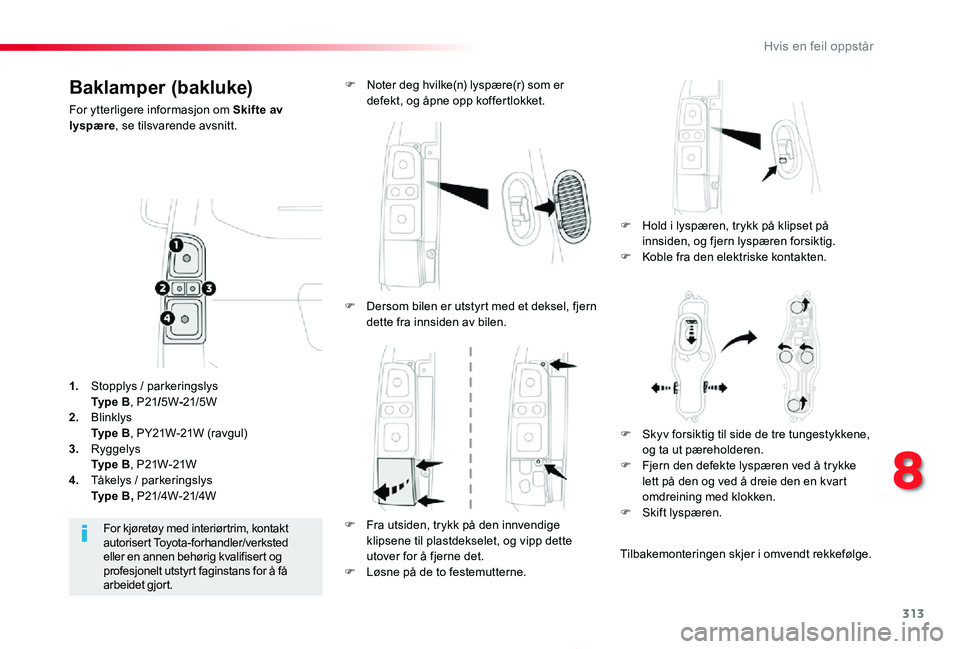 TOYOTA PROACE 2020 Instruksjoner for bruk (in Norwegian) 313
Proace_no_Chap08_En-cas-de-panne_ed01-2019
Baklamper (bakluke)
For ytterligere informasjon om Skifte av lyspære, se tilsvarende avsnitt.
F Hold i lyspæren, trykk på klipset på innsiden, og fje TOYOTA PROACE 2020 Instruksjoner for bruk (in Norwegian) 313
Proace_no_Chap08_En-cas-de-panne_ed01-2019
Baklamper (bakluke)
For ytterligere informasjon om Skifte av lyspære, se tilsvarende avsnitt.
F Hold i lyspæren, trykk på klipset på innsiden, og fje