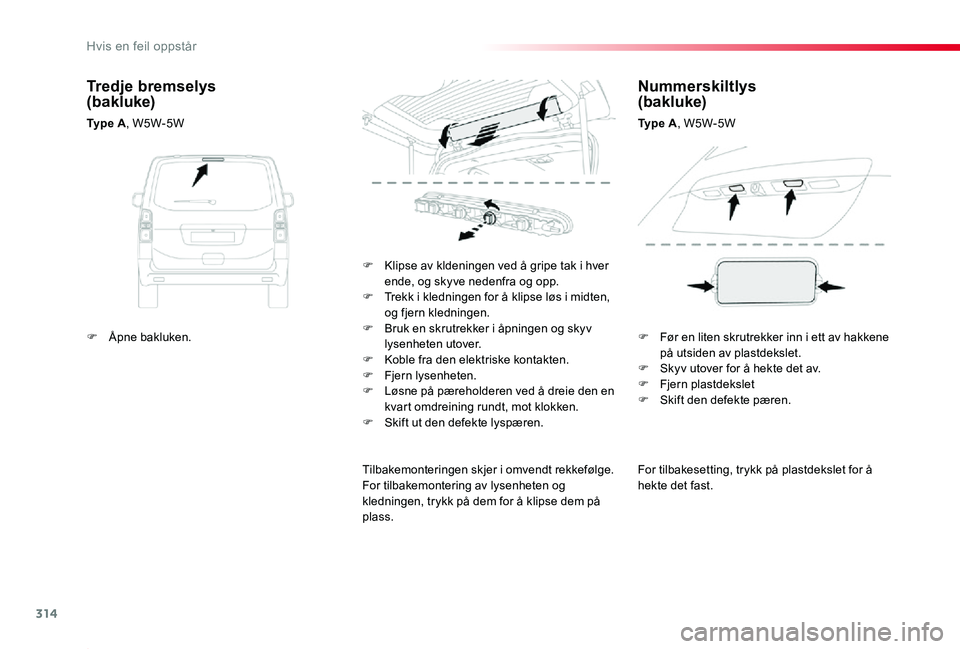 TOYOTA PROACE 2020 Instruksjoner for bruk (in Norwegian) 314
Proace_no_Chap08_En-cas-de-panne_ed01-2019
For tilbakesetting, trykk på plastdekslet for å hekte det fast.
F Klipse av kldeningen ved å gripe tak i hver ende, og skyve nedenfra og opp.F Trekk i TOYOTA PROACE 2020 Instruksjoner for bruk (in Norwegian) 314
Proace_no_Chap08_En-cas-de-panne_ed01-2019
For tilbakesetting, trykk på plastdekslet for å hekte det fast.
F Klipse av kldeningen ved å gripe tak i hver ende, og skyve nedenfra og opp.F Trekk i