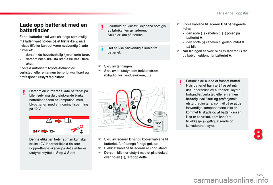 TOYOTA PROACE 2020  Instruksjoner for bruk (in Norwegian) 323
Proace_no_Chap08_En-cas-de-panne_ed01-2019
For at batteriet skal vare så lenge som mulig, må ladenivået holdes på et tilstrekkelig nivå.I visse tilfeller kan det være nødvendig å lade batt