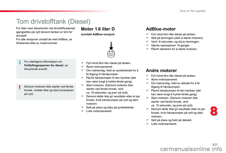 TOYOTA PROACE 2020 Instruksjoner for bruk (in Norwegian) 327
Proace_no_Chap08_En-cas-de-panne_ed01-2019
For biler med dieselmotor må drivstoffsystemet igangsettes på nytt dersom tanken er tom for drivstoff.For alle versjoner unntatt de med AdBlue, se tilh TOYOTA PROACE 2020 Instruksjoner for bruk (in Norwegian) 327
Proace_no_Chap08_En-cas-de-panne_ed01-2019
For biler med dieselmotor må drivstoffsystemet igangsettes på nytt dersom tanken er tom for drivstoff.For alle versjoner unntatt de med AdBlue, se tilh