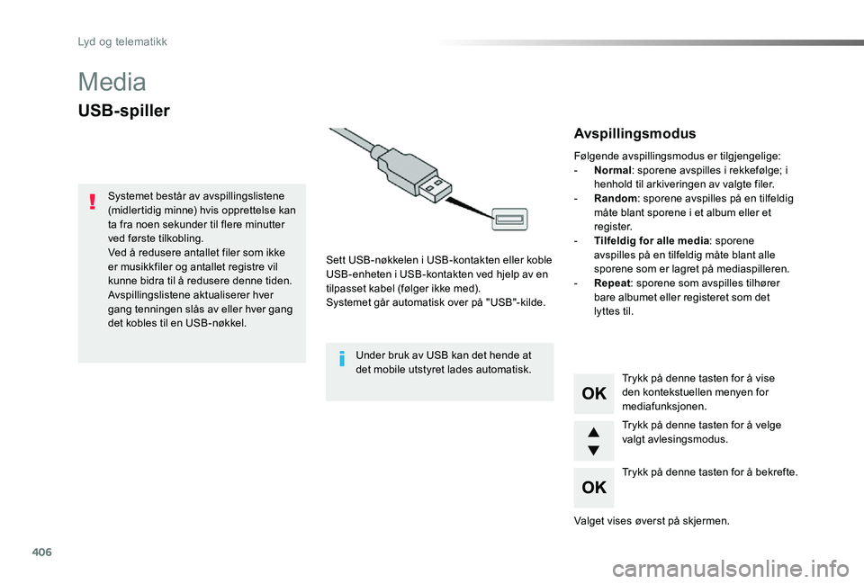 TOYOTA PROACE 2020 Instruksjoner for bruk (in Norwegian) 406
Proace_no_Chap10d_RD6_ed01-2019
Media
USB-spiller
Sett USB-nøkkelen i USB-kontakten eller koble USB-enheten i USB-kontakten ved hjelp av en tilpasset kabel (følger ikke med).Systemet går automa TOYOTA PROACE 2020 Instruksjoner for bruk (in Norwegian) 406
Proace_no_Chap10d_RD6_ed01-2019
Media
USB-spiller
Sett USB-nøkkelen i USB-kontakten eller koble USB-enheten i USB-kontakten ved hjelp av en tilpasset kabel (følger ikke med).Systemet går automa